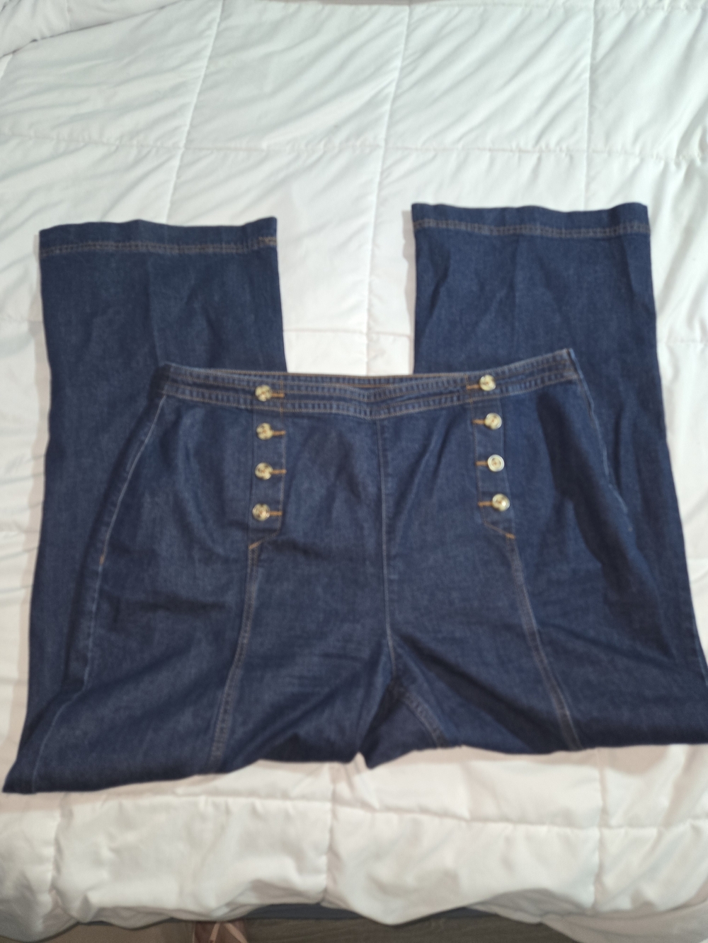 High-Waist Dark Blue Wide-Leg Sailor Jeans with Gold Buttons